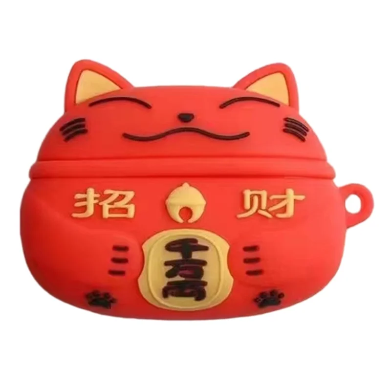 For Pro 6 Bluetooth-compatible Earphone Cute Cartoon Anti-drop Case Soft Silicone Cover - Red Lucky Cat
