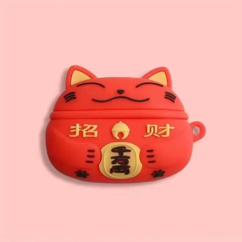 For Pro 6 Bluetooth-compatible Earphone Cute Cartoon Anti-drop Case Soft Silicone Cover - Red Lucky Cat