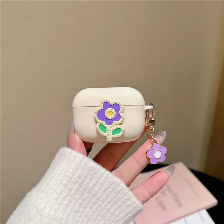 For Apple AirPods Pro 2 TPU Cover Pearl Flower Earbud Protection Case with Pendant - Purple Green Flower