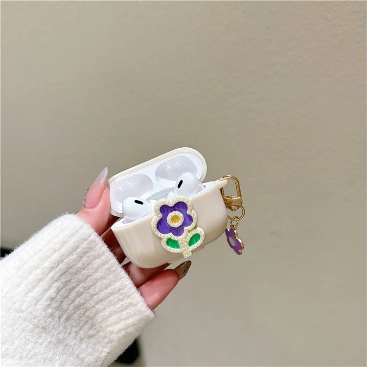 Pour Apple Airpods Pro 2 TPU Couverture de la Protection Des Écouteurs de Fleur de Perle Avec Pendentif - Fleur Verte Violette