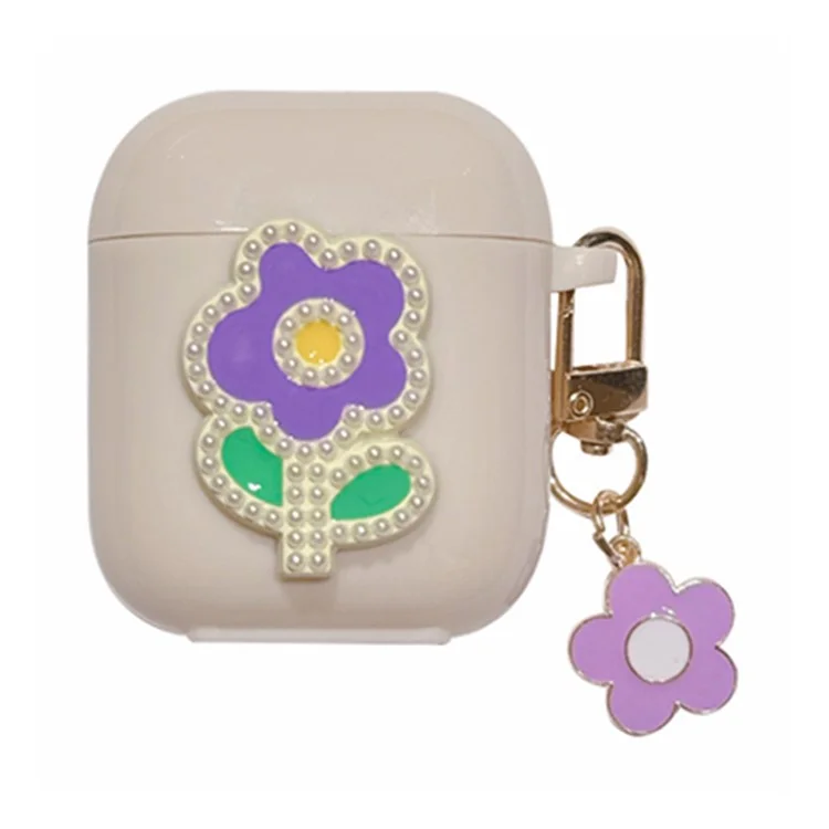 Pour AirPods Avec Clact Case (2016) / (2019) / AirPods Avec Couverture de Charge Sans Fil (2019) Couverture TPU Avec Boîtier D'écouteur Pendant - Fleur Verte Violette