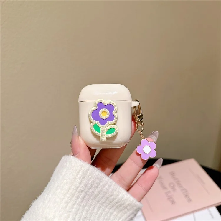 Pour AirPods Avec Clact Case (2016) / (2019) / AirPods Avec Couverture de Charge Sans Fil (2019) Couverture TPU Avec Boîtier D'écouteur Pendant - Fleur Verte Violette