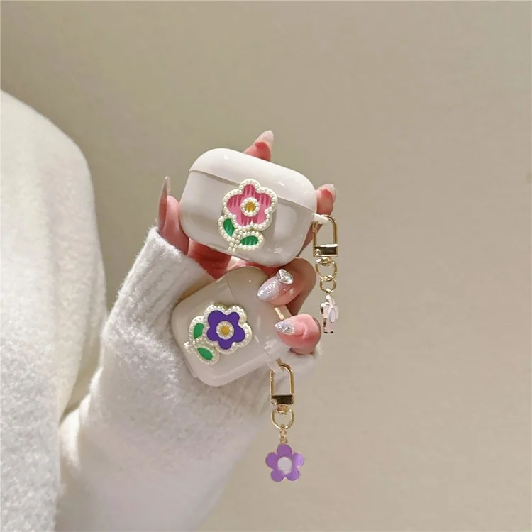 Per AirPods con custodia di ricarica (2016) / (2019) / AirPods con custodia di ricarica wireless (2019) Custodia in TPU con ciondolo per auricolari - Fiore viola verde