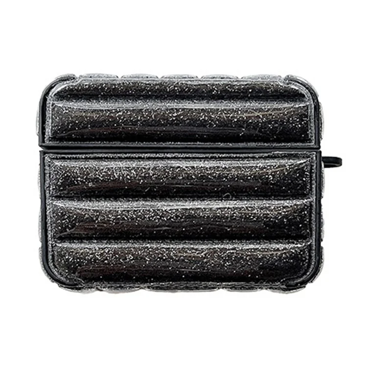 Pour Apple AirPods 3 Étui Brillant Conception de Veste en Duvet Cuir+TPU Étui d'écouteur avec Boucle Anti-Perte - Noir