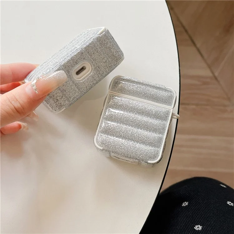 For AirPods with Charging Case (2016) / (2019) / AirPods with Wireless Charging Case (2019) Glitter Cover Down Jacket Design Carrying Case - White