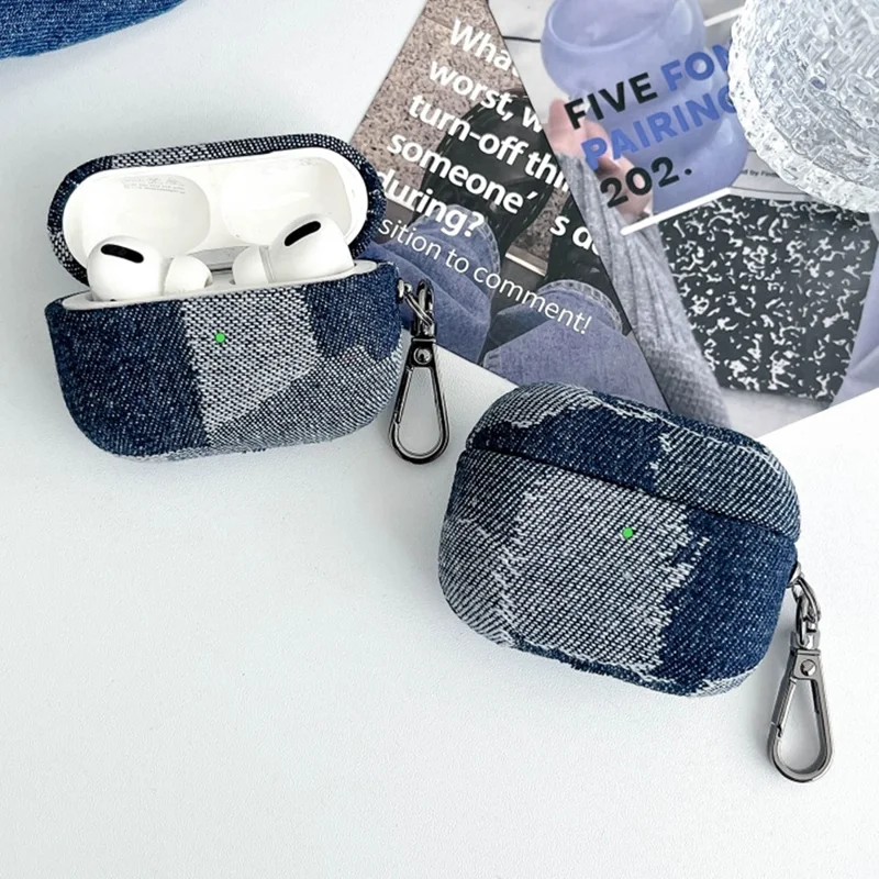 For Apple AirPods Pro Splicing Denim Bluetooth-compatible Earphone Cover Protective Case with Metal Hook - Style D