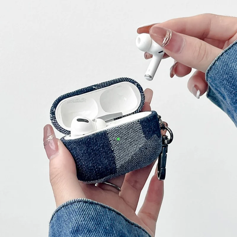 For Apple AirPods 3 Case Bluetooth-compatible Earphone Cover with Metal Hook Splicing Denim Design - Style B