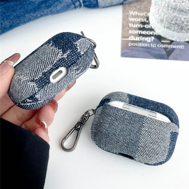 Protective Case for AirPods Pro 2 Splicing Denim Bluetooth-compatible Earphone Cover with Metal Hook - Style A