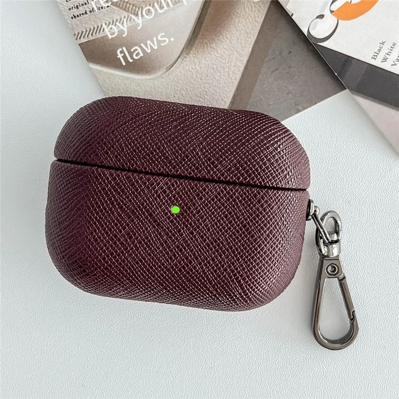 For Apple AirPods 3 Cross Texture Bluetooth-compatible Earphone Cover PU Leather Protective Case - Dark Brown