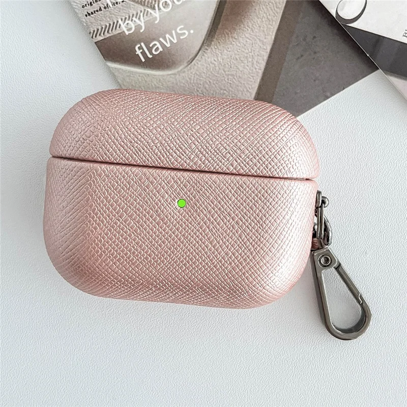 For AirPods Pro 2 Bluetooth-compatible Earphone Cover Cross Texture PU Leather Anti-drop Case - Rose Gold