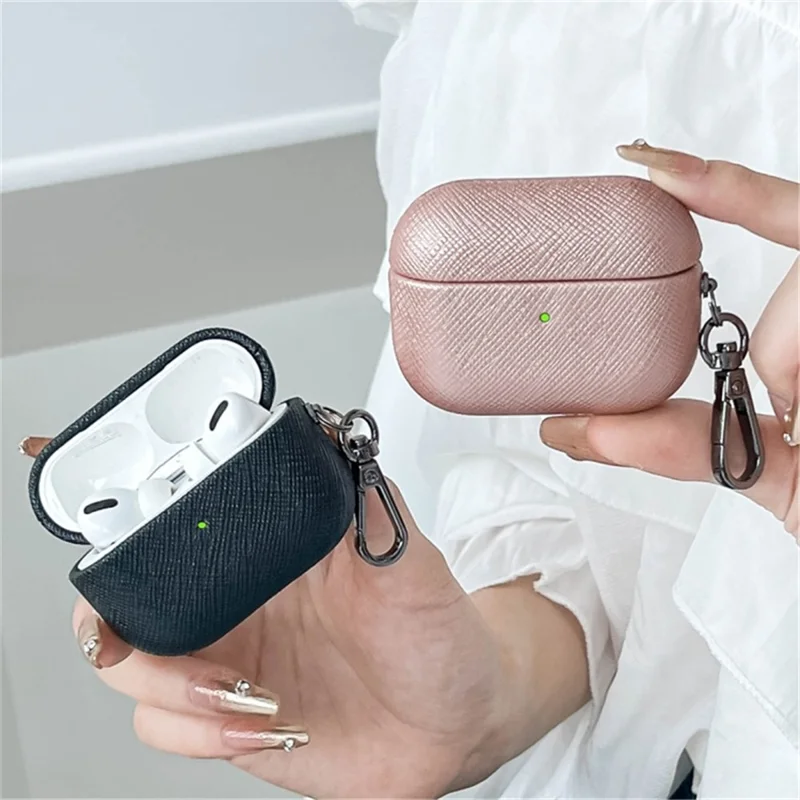 For AirPods Pro 2 Bluetooth-compatible Earphone Cover Cross Texture PU Leather Anti-drop Case - Rose Gold