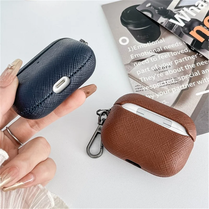 For AirPods Pro 2 Bluetooth-compatible Earphone Cover Cross Texture PU Leather Anti-drop Case - Rose Gold