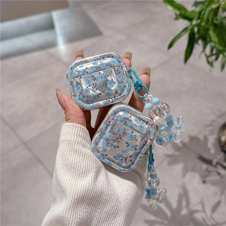 Для AirPods Pro 2 / Pro Drop Protection TPU Cover Blue Flower Pattern TWS Earphone Case with Pendant