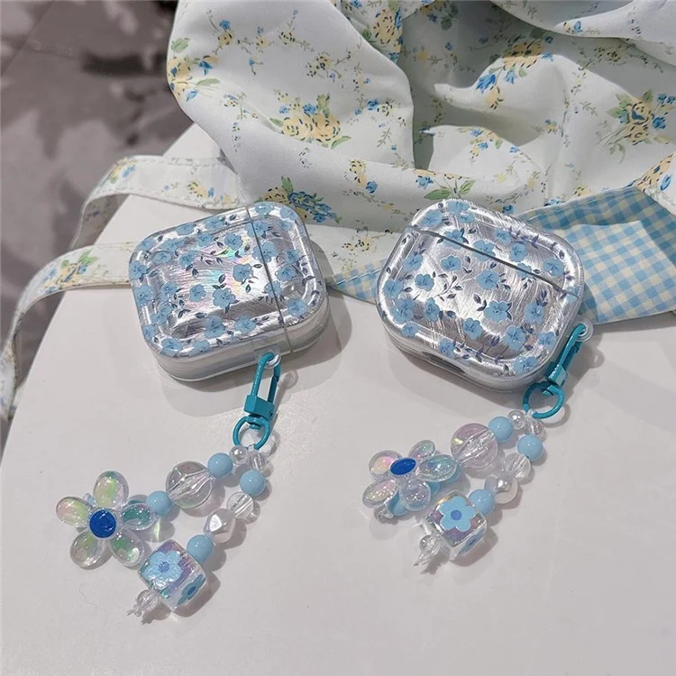 Для AirPods Pro 2 / Pro Drop Protection TPU Cover Blue Flower Pattern TWS Earphone Case with Pendant