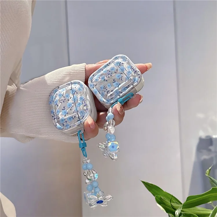 Для AirPods Pro 2 / Pro Drop Protection TPU Cover Blue Flower Pattern TWS Earphone Case with Pendant
