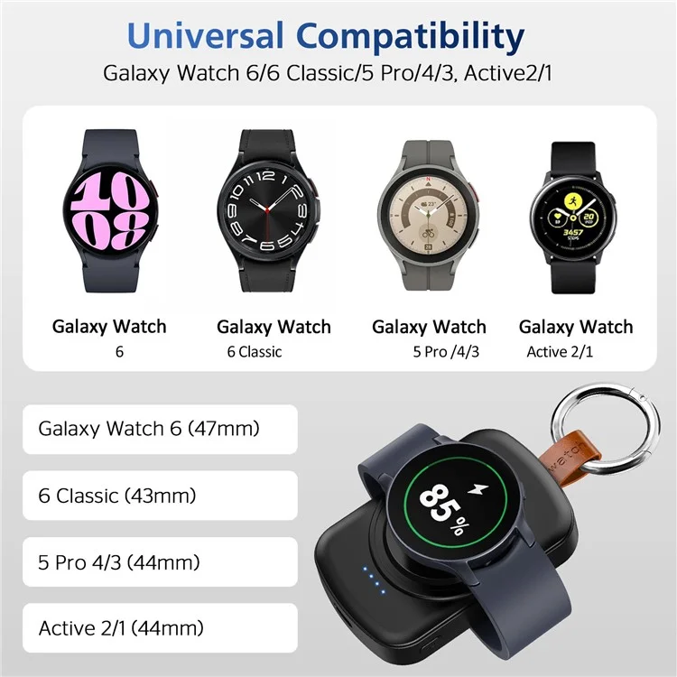 X27 For Samsung Galaxy Watch 6 / Watch 5 / Watch 4 40mm 44mm Magnetic Wireless Charger Power Bank with Keychain - Black