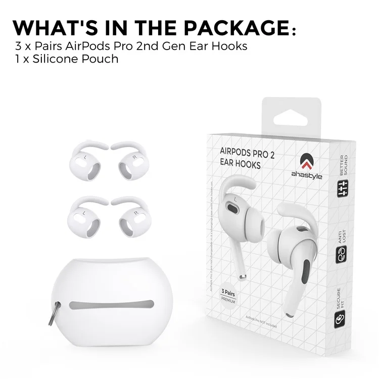 AHASTYLE PT189 Para Apple Airpods Pro 2 Anti-Lost Ear Hooks Ear Tips Silicone Cover, 2Pares: S / L - Branco