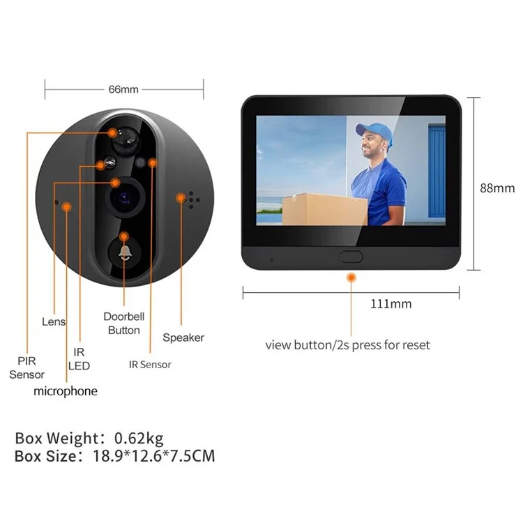 C89 4.3-inch Monitor 1080P Video Viewer Door Bell Night Vision PIR Camera WiFi Smart Doorbell,  Support Tuya App - Grey