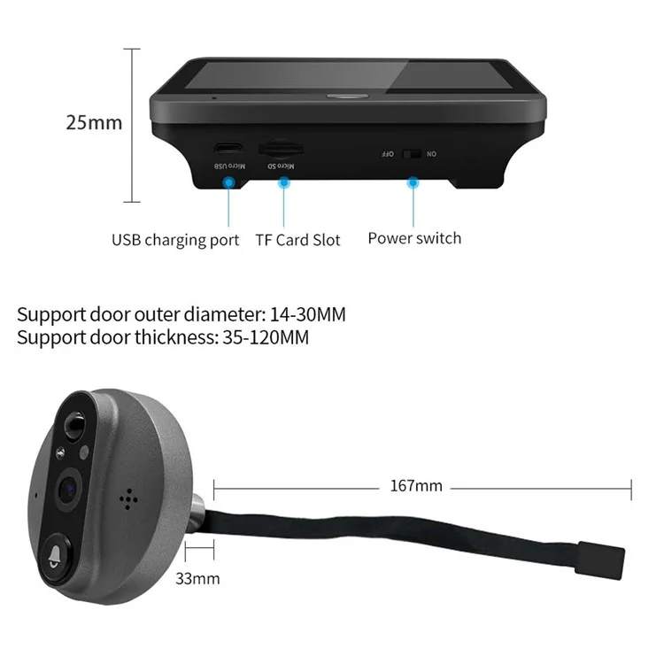 C89 4.3-inch Monitor 1080P Video Viewer Door Bell Night Vision PIR Camera WiFi Smart Doorbell,  Support Tuya App - Grey
