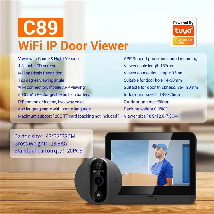 C89 4.3-inch Monitor 1080P Video Viewer Door Bell Night Vision PIR Camera WiFi Smart Doorbell,  Support Tuya App - Grey