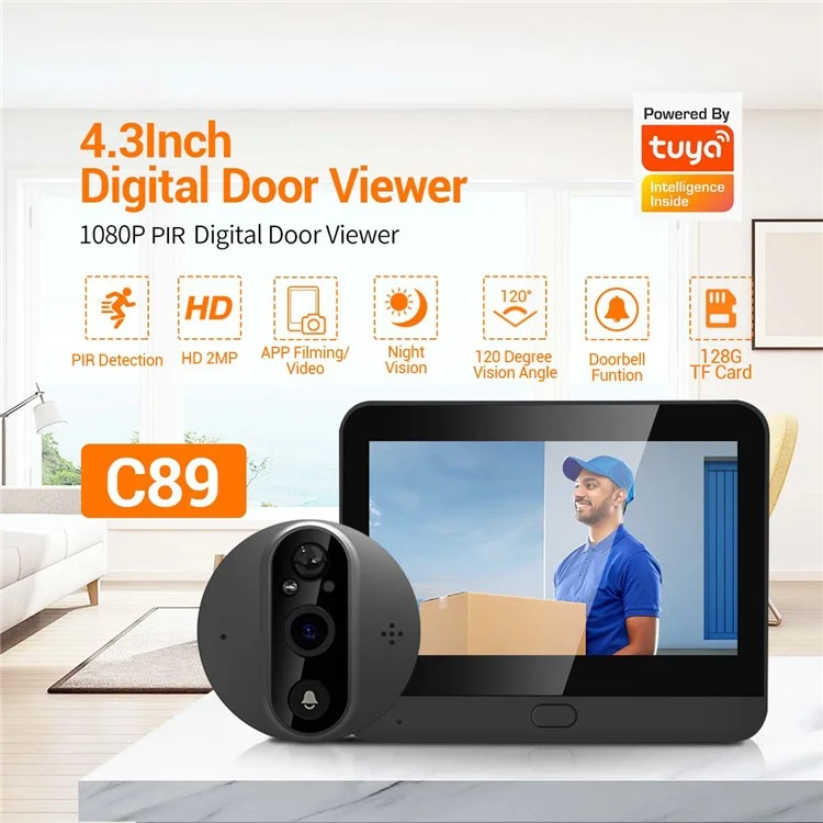 C89 4.3-inch Monitor 1080P Video Viewer Door Bell Night Vision PIR Camera WiFi Smart Doorbell,  Support Tuya App - Grey