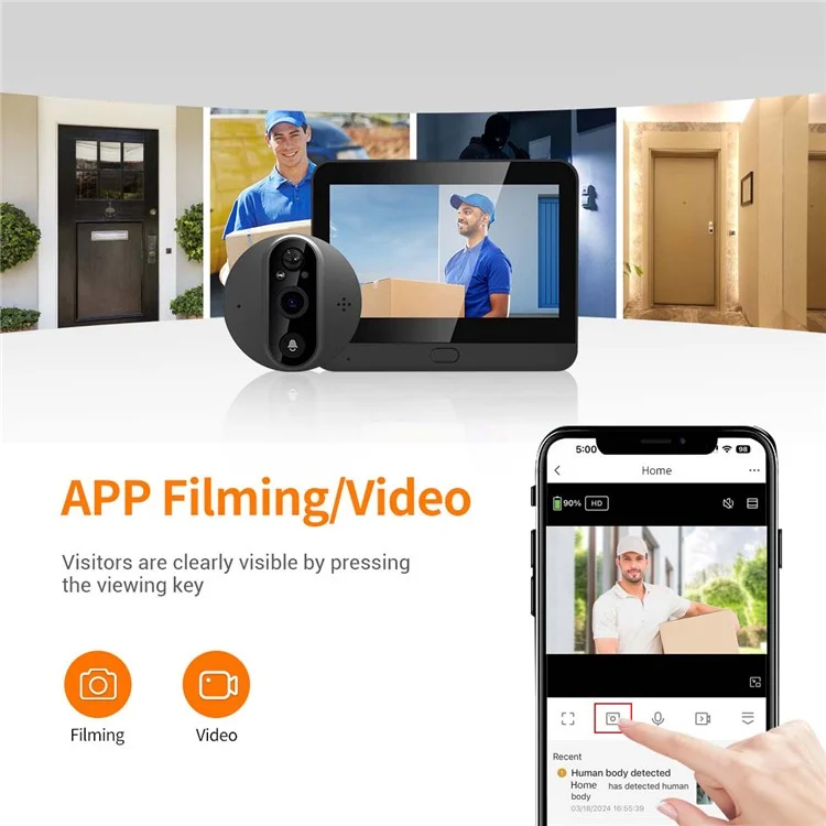 C89 4.3-inch Monitor 1080P Video Viewer Door Bell Night Vision PIR Camera WiFi Smart Doorbell,  Support Tuya App - Grey