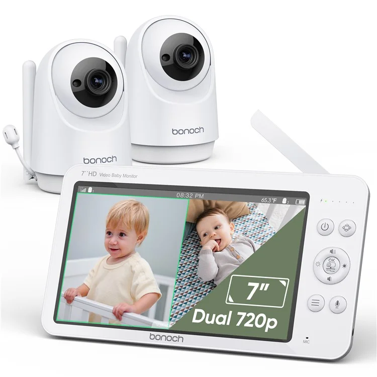 BONOCH BBM05 7 inch Screen Video Baby Monitor with 2PCS 720P Camera, Two-Way Talk - EU Plug