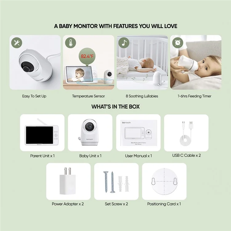 BONOCH BBM07 10 inch Screen Video Baby Monitor with 720P Camera, Two-Way Talk - EU Plug