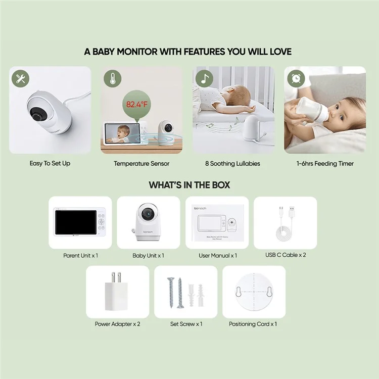 Bonoch BBM03 7 Zoll Bildschirm Video Babyphone Mit 720p-kamera, Zwei-wege-talk - EU -stecker