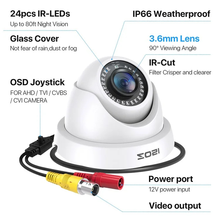 ZOSI 2MP 1920TVL Hybride 4 en 1 TVI CVI AHD CVBS Caméra de sécurité 1080P HD Vision Nocturne Caméra de Surveillance - Blanc / Prise US