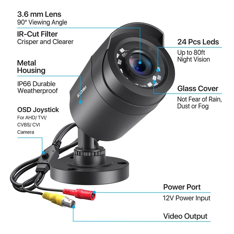 ZOSI 2MP 1080P Night Vision Security Camera 4 In 1 TVI / CVI / AHD / CVBS Surveillance Bullet Camera - Black / EU Plug