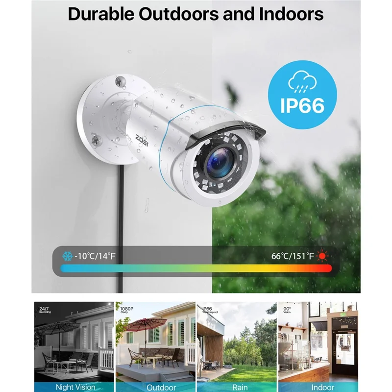 ZOSI 2MP 1080P Night Vision Security Camera 4 In 1 TVI / CVI / AHD / CVBS Surveillance Bullet Camera - White / EU Plug