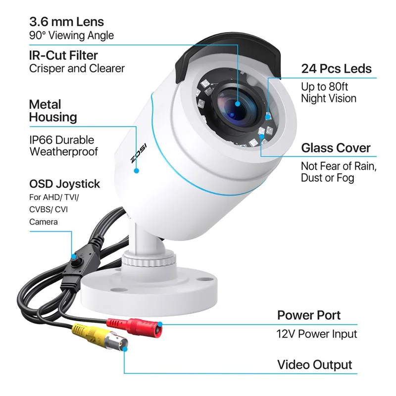ZOSI 2MP 1080P Night Vision Security Camera 4 In 1 TVI / CVI / AHD / CVBS Surveillance Bullet Camera - White / EU Plug
