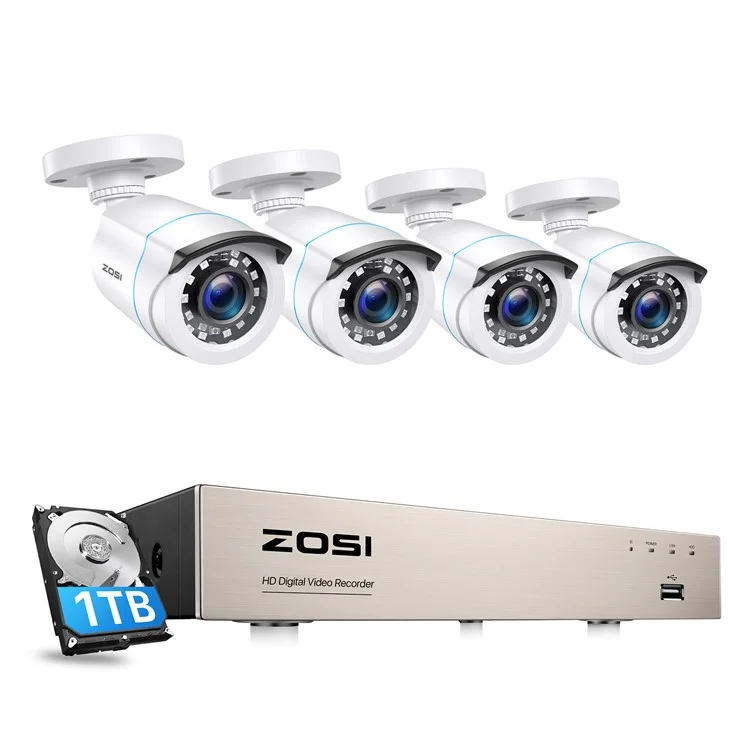 ZOSI 3K Lite 8CH Security Camera System, 1TB HDD H.265+ 5MP Video DVR Recorder with 4X HD 1920TVL 1080P - White  /  US Plug