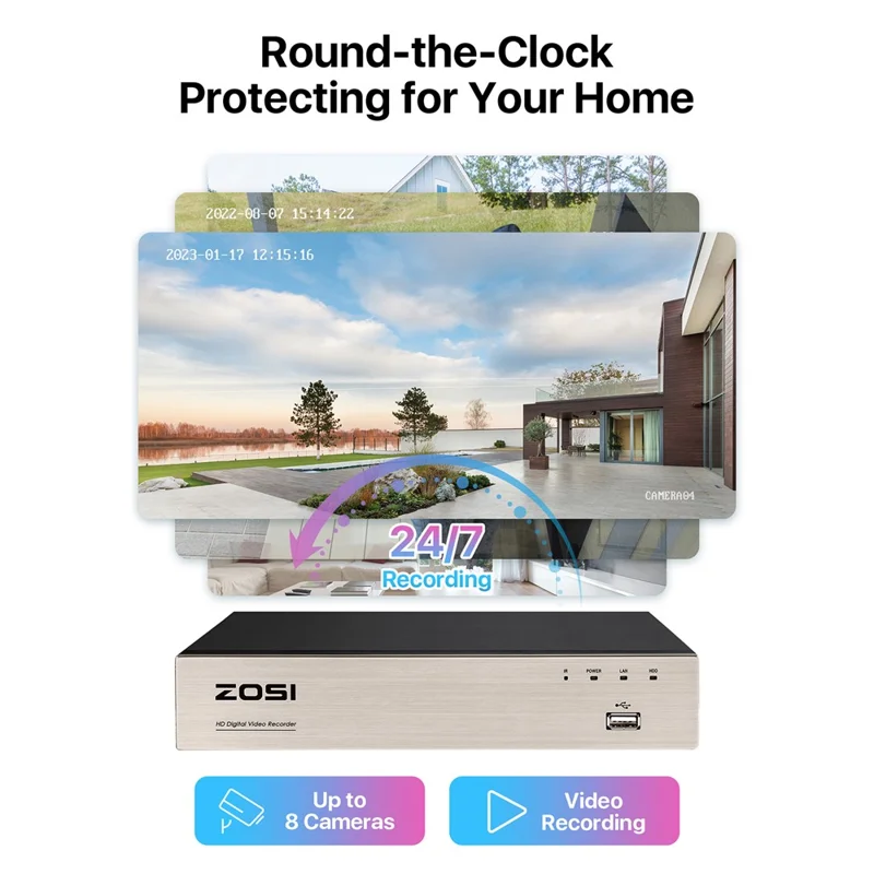 ZOSI 3K Lite Sistema de Cámaras de Seguridad de 8 Canales, Grabador DVR de 1TB HDD H.265+ de 5MP con 4 Cámaras HD de 1920TVL 1080P - Negro / Enchufe US