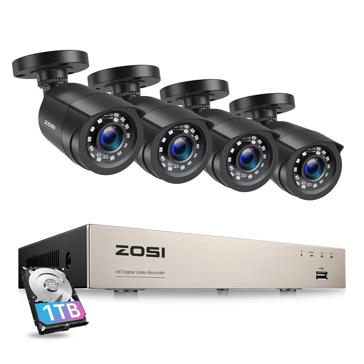 ZOSI 3K Lite 8CH Security Camera System, 1TB HDD H.265+ 5MP Video DVR Recorder with 4X HD 1920TVL 1080P - Black  /  EU Plug