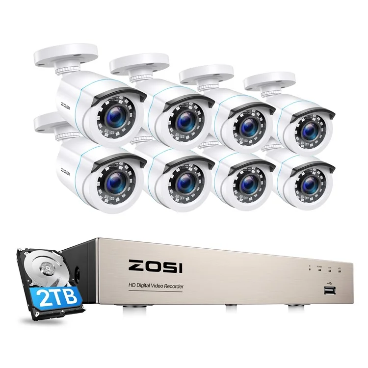 ZOSI 3K Lite 8CH Security Camera System with 2TB Hard Drive H.265+ 5MP 8X 1080P HD 1920TVL CCTV Cameras - White  /  US Plug