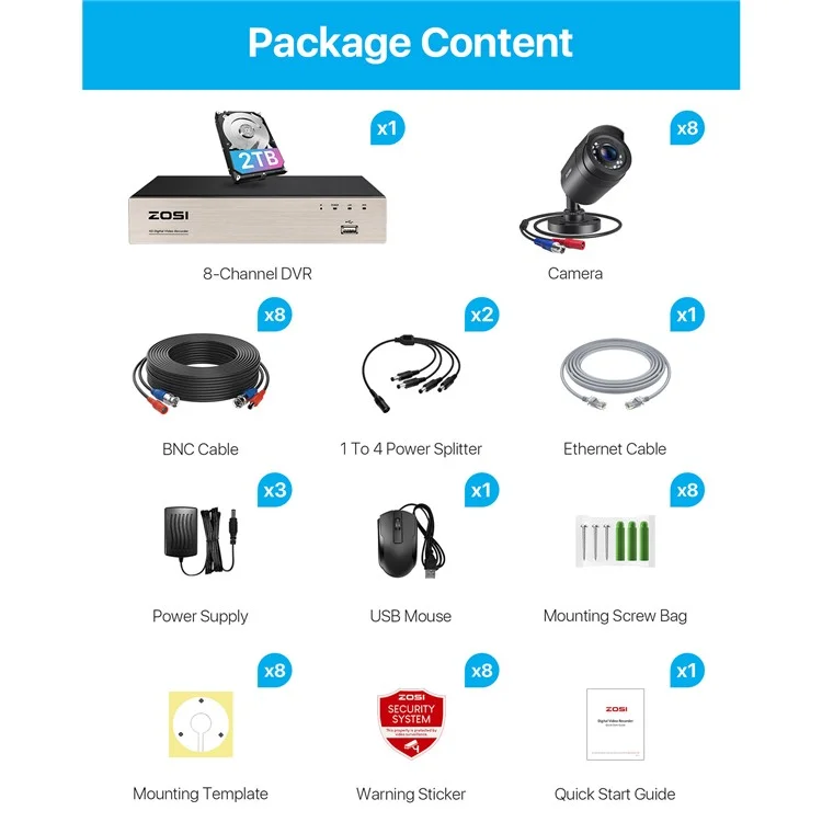 Sistema de Câmeras de Segurança ZOSI 3K Lite 8CH com HD de 2TB H.265+ 5MP 8X 1080P HD 1920TVL Câmeras CFTV - Preto / Plug AU