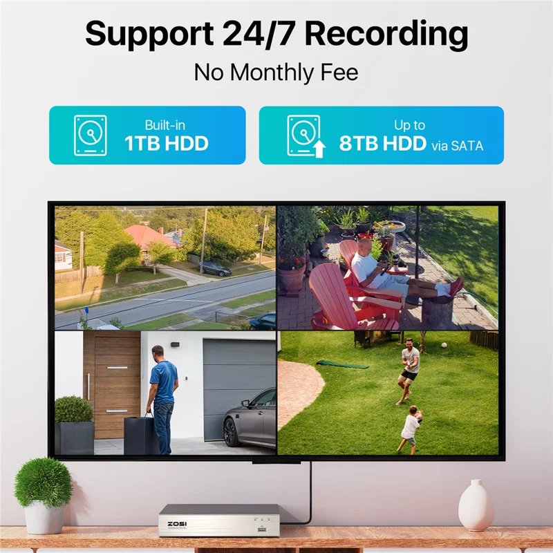 ZOSI 3K Lite 8CH Security Camera System, No HDD H.265+ 5MP Video DVR Recorder with 4X HD 1920TVL 1080P - Black  /  UK Plug