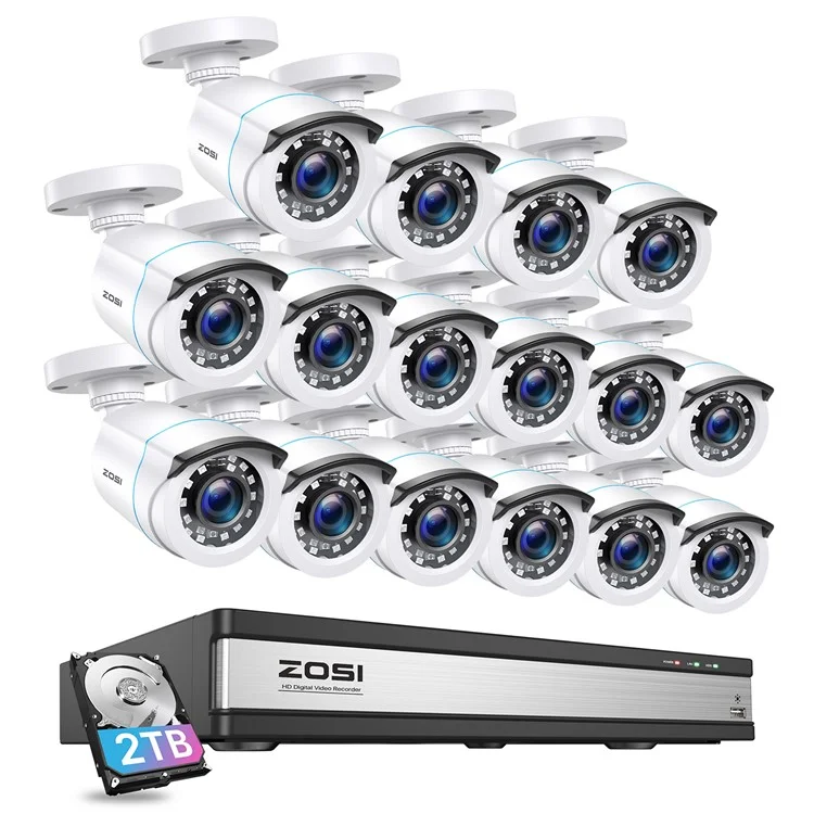 ZOSI 13K Lite 16CH Security Camera System with 2TB HDD H.265+ 5MP 16x 1080P Surveillance CCTV Camera - White  /  US Plug