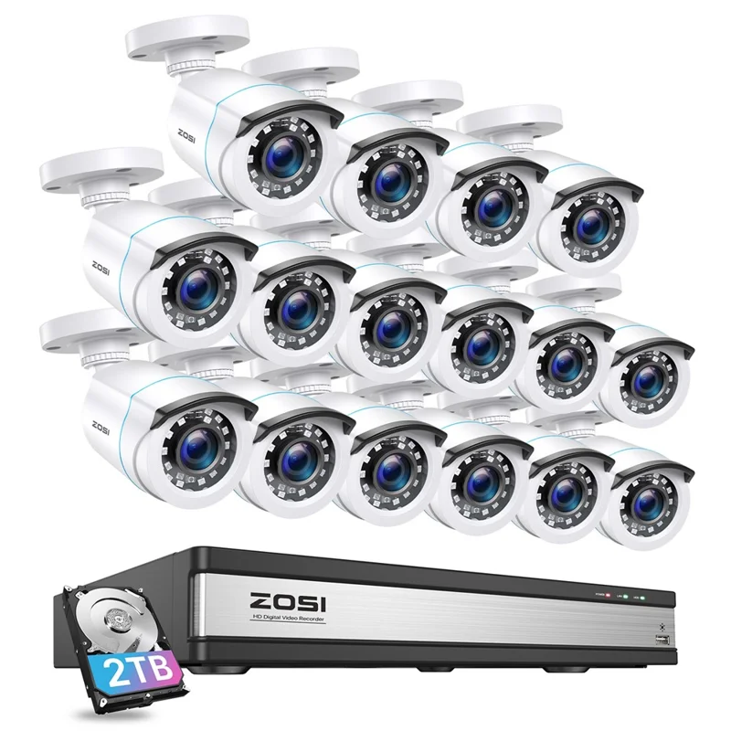 ZOSI 13K Lite 16-kanalssäkerhetskamerasytem med 2 TB HDD H.265+ 5 MP 16x 1080P övervakningskamera – Vit / AU-uttag
