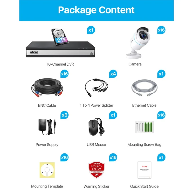 ZOSI 13K Lite 16-kanalssäkerhetskamerasytem med 2 TB HDD H.265+ 5 MP 16x 1080P övervakningskamera – Vit / AU-uttag