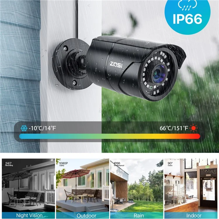 ZOSI 2MP 1080P HD-TVI CCTV Night Vision Home Security Camera with Audio, Compatible with Zosi 3K Lite Analog DVR - Black / US Plug
