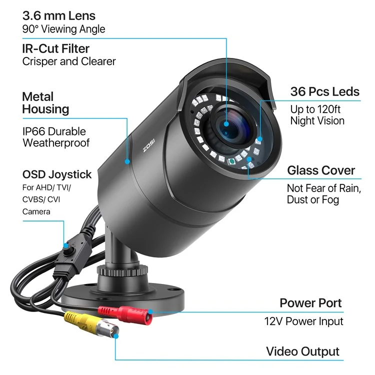 ZOSI 2MP 1080P HD-TVI CCTV Night Vision Home Security Camera with Audio, Compatible with Zosi 3K Lite Analog DVR - Black / US Plug