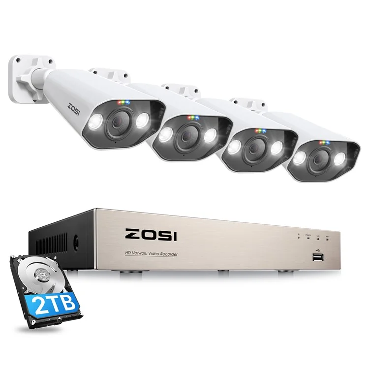 ZOSI 8CH 5MP Poe Security Camera System with 2TB HDD NVR 4pcs Night Vision IP Cameras for 24 / 7 Recording - US Plug