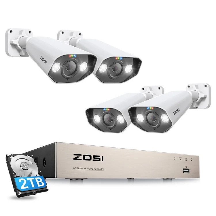ZOSI 8CH 5MP Poe Security Camera System with 2TB HDD NVR 4pcs Night Vision IP Cameras for 24 / 7 Recording - US Plug