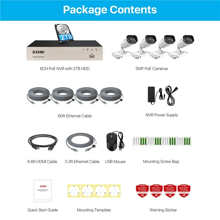 ZOSI 8CH 5MP Poe Security Camera System with 2TB HDD NVR 4pcs Night Vision IP Cameras for 24 / 7 Recording - US Plug