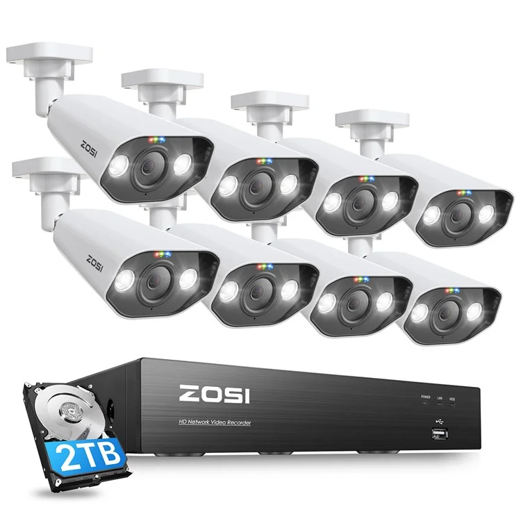 ZOSI 4K Poe Security Camera System with 2TB HDD 16CH 8MP NVR 8Pcs Poe IP Cameras for 24 / 7 Recording - US Plug