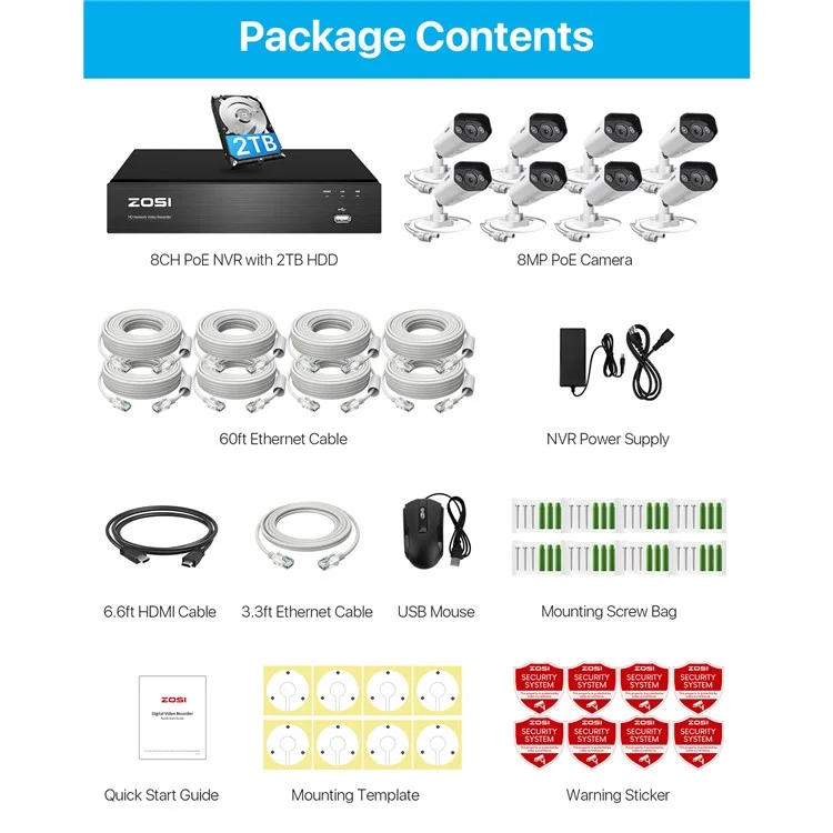 ZOSI 4K Poe Security Camera System with 2TB HDD 16CH 8MP NVR 8Pcs Poe IP Cameras for 24 / 7 Recording - US Plug