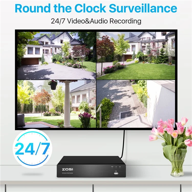 ZOSI 4K Poe Security Camera System with 2TB HDD 16CH 8MP NVR 8Pcs Poe IP Cameras for 24 / 7 Recording - US Plug